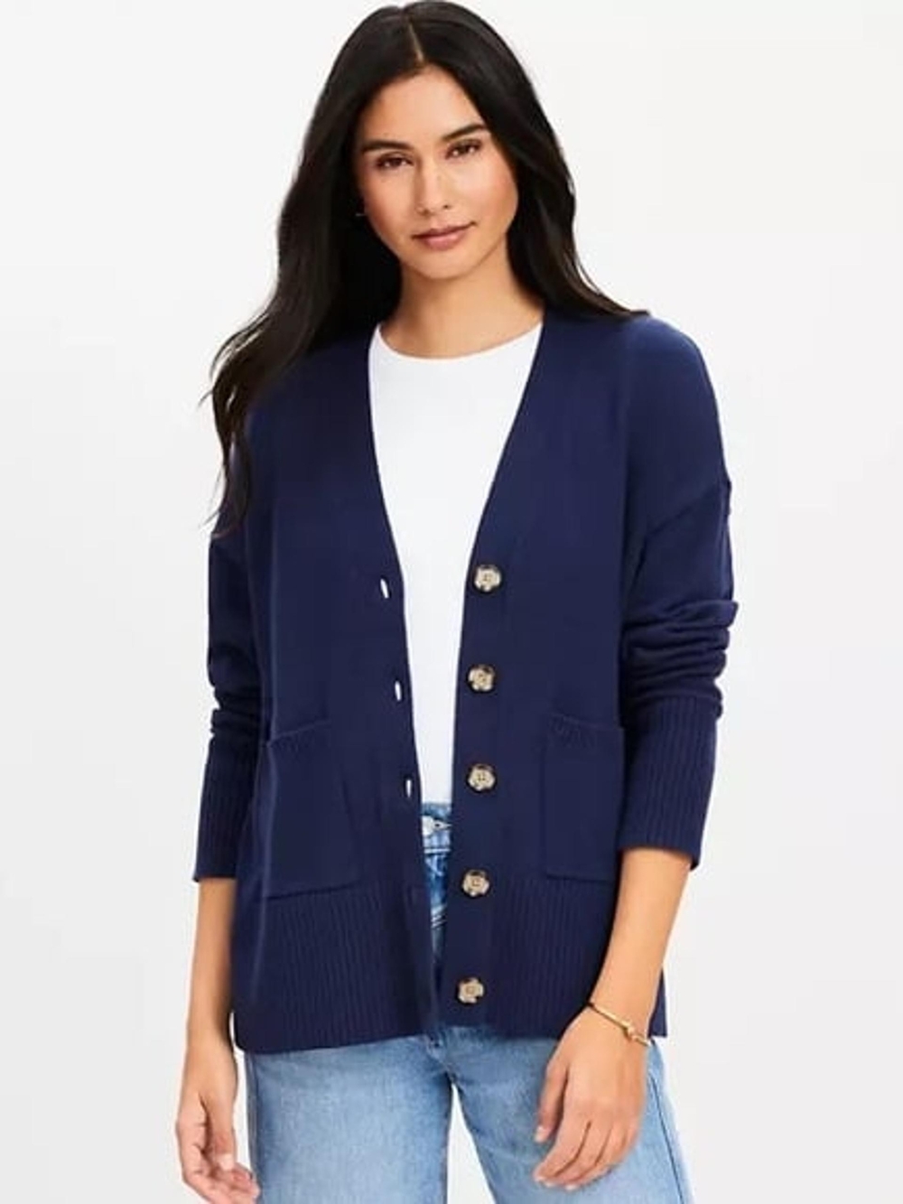 LOFT Girlfriend Salior Navy Button-Front Pocket Cardigan